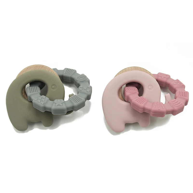 Wholesale 2021 baby elephant shape animal silicone teethers bracelet  beech wood wooden teething ring sensory toys bpa free
