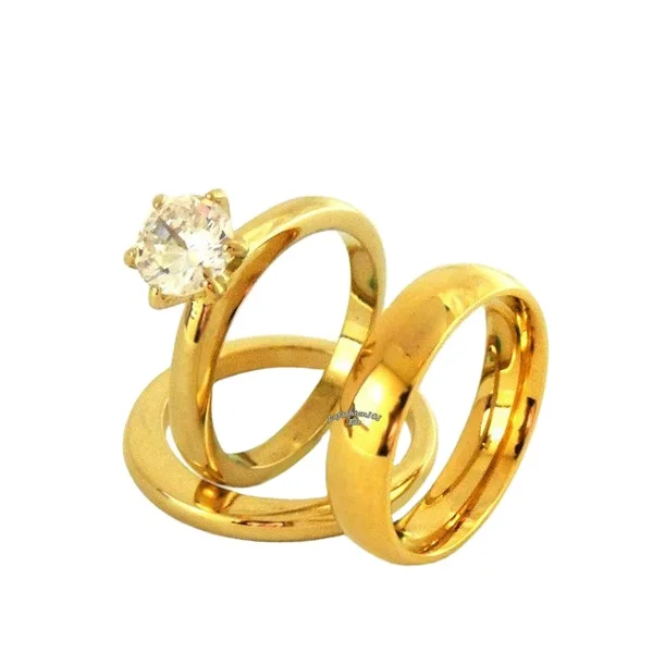 Wedding Ring Factory His & Hers 3 PCS Classic Round Cut Gold Stainless Steel moissanite circular 3.0ct engagement diamond ring