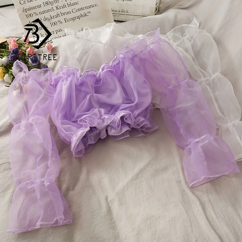 Ruffled Off Shoulder Organza Short Blouses Trendy Spring Summer Sexy Solid Color Long Puff Sleeves Slim Cropped Tops T11415P