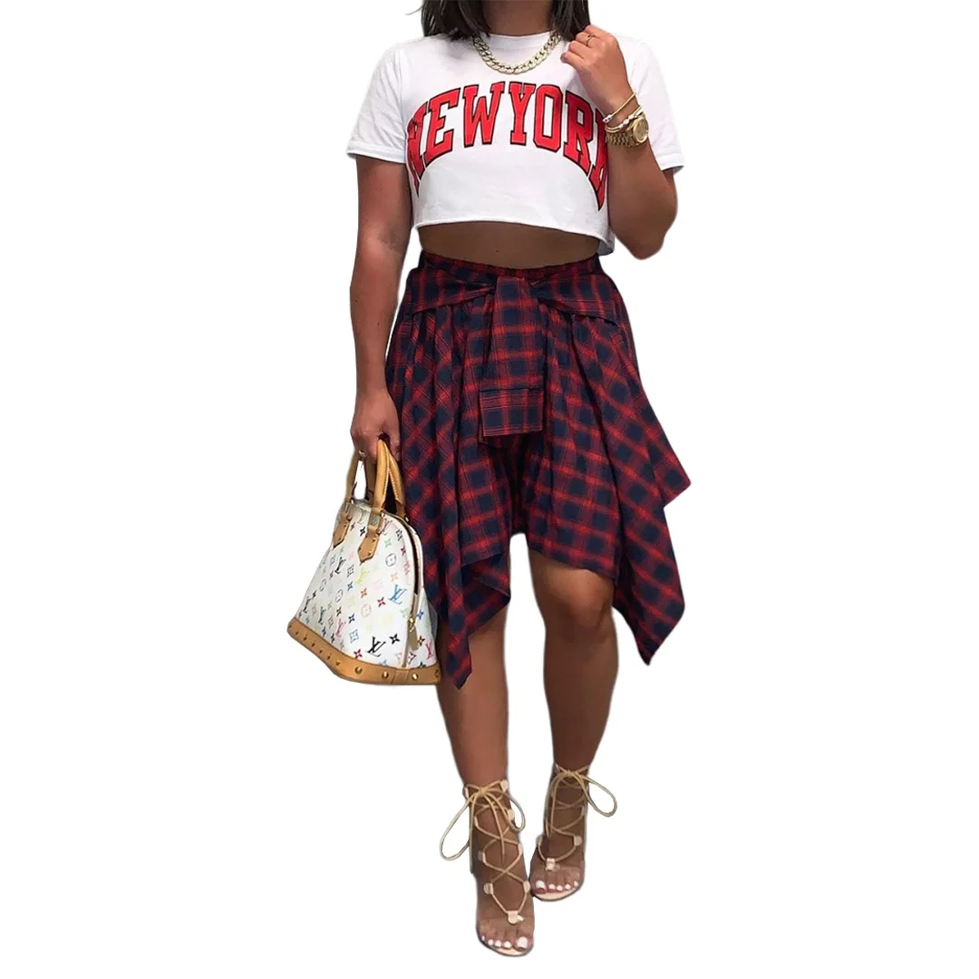 New Womens Skirts 2022 Fashion Girls Sexy Mini Skirt Dress Tied Sleeves False Shirt Irregular Pleated Short Plaid Skirts