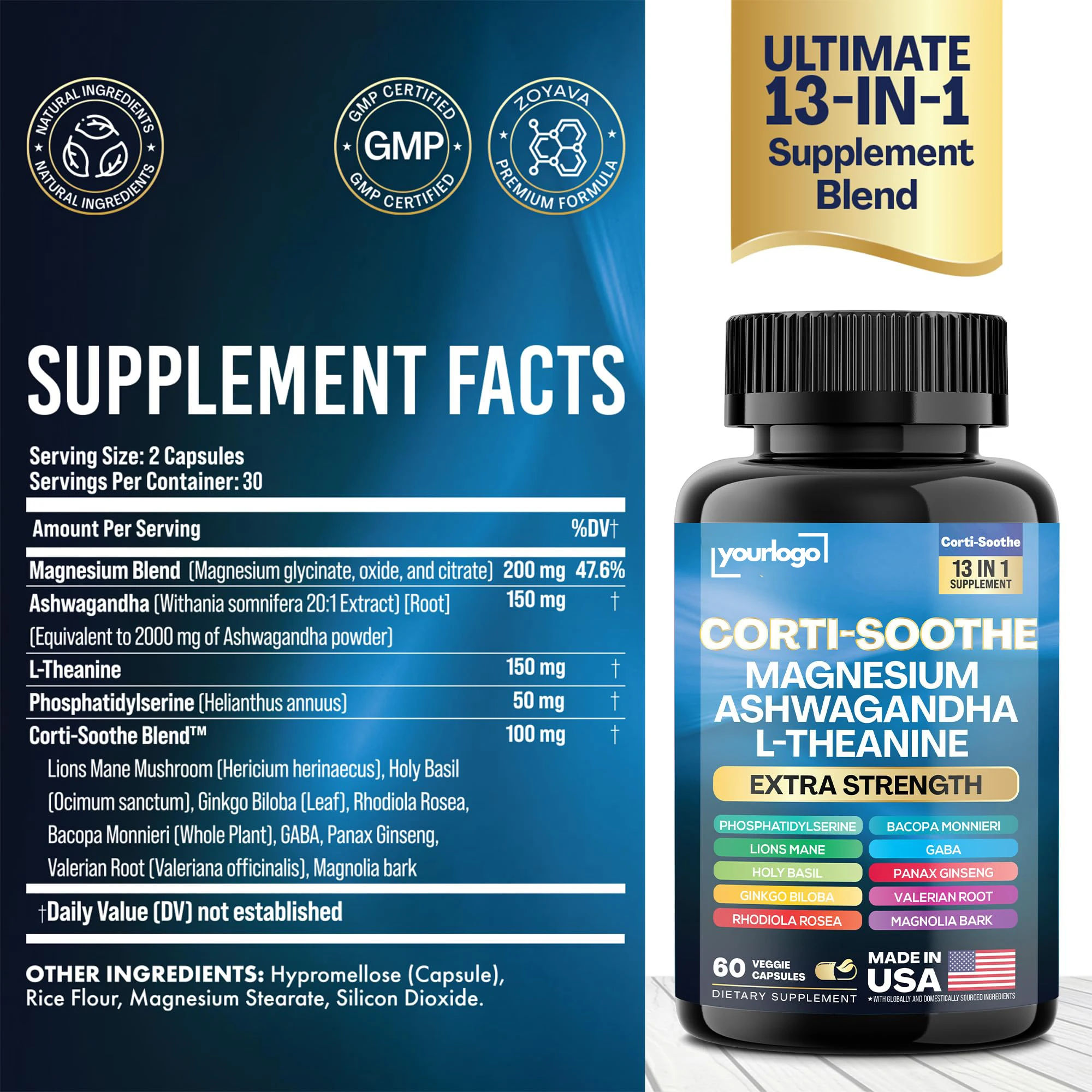 Cortisol Supplement Magnesium Glycinate, L-Theanine, Ashwagandha, Phosphatidylserine,& Cortisol Manager Lions Mane