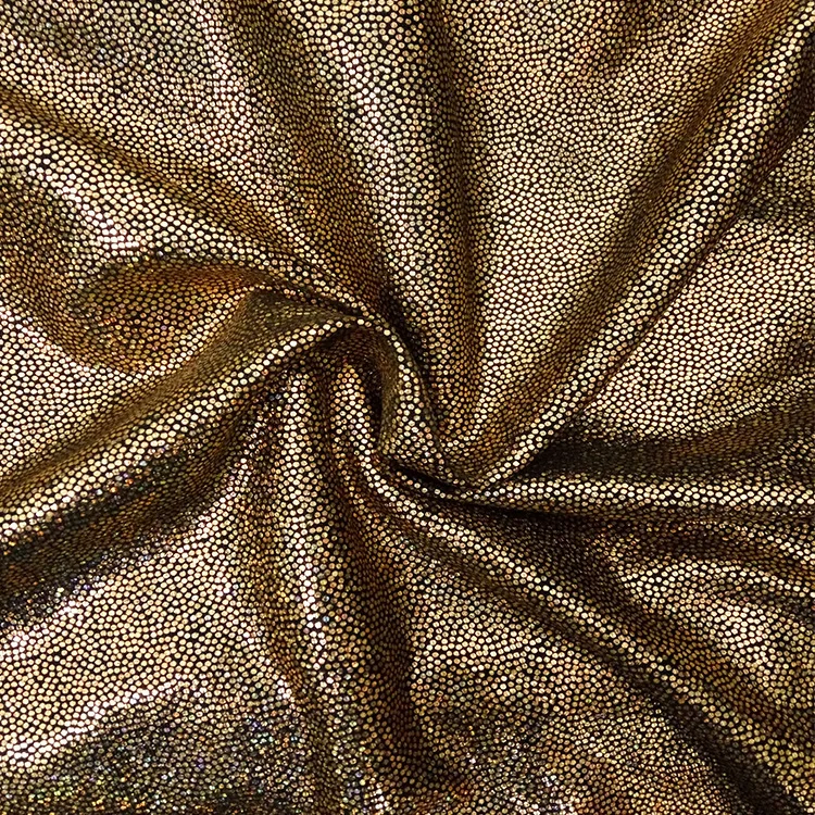 Wholesale Glitter Stretch Holographic Laser Crystal Iridescen Metallic Jersey Gold Dot Foil Coated Polyester Silk Fabric
