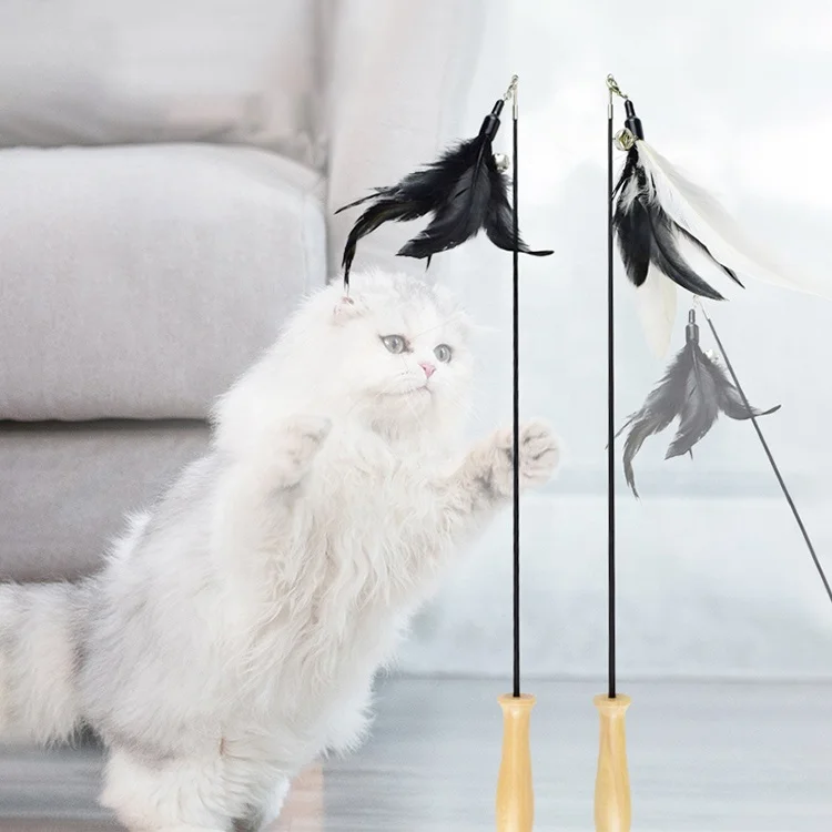 Adorable Cat Interactive Toys Feather Linen Wooden Wand Cat Catcher Teaser Stick