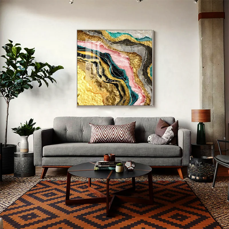 Abstract Gold Foil Oil Painting Canvas Wall Hanging Art Picture Gold Geode Epoxy Resin Glass Printing Crystal Porcelain Painting