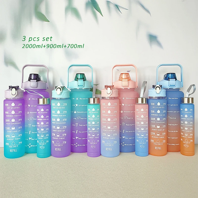 Wholesale 2000ml 900ml 500ml 3pcs Set Gradient Plastic Water Bottle Portable Frosted 2l Plastic Water Bottles