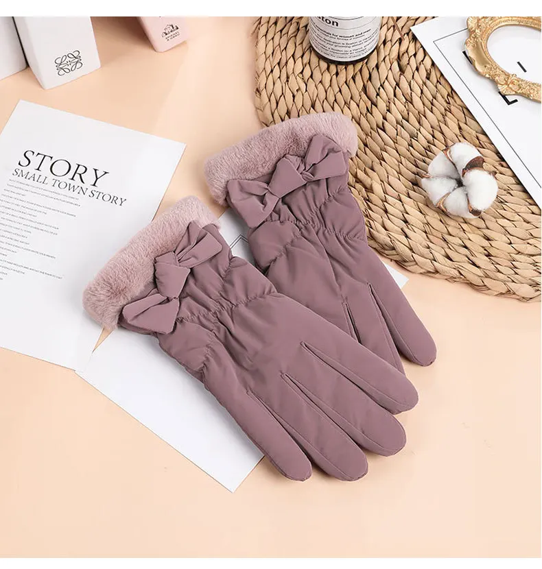 Warm Fleece Windproof Waterproof Elegant Bow Women Pink Gray Screen Touch Hand Gloves