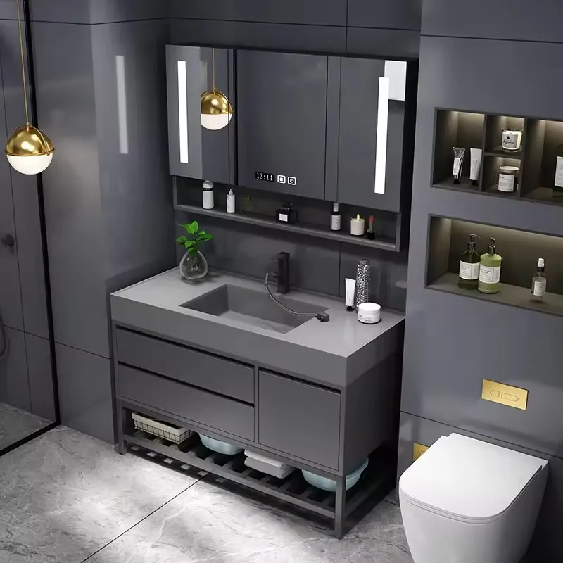 Bathroom Vanity Cabinet Set Glass Mirror Modern Black Color Wall Mounted Bathroom Vanity Cabinet with Mirror and Shelf