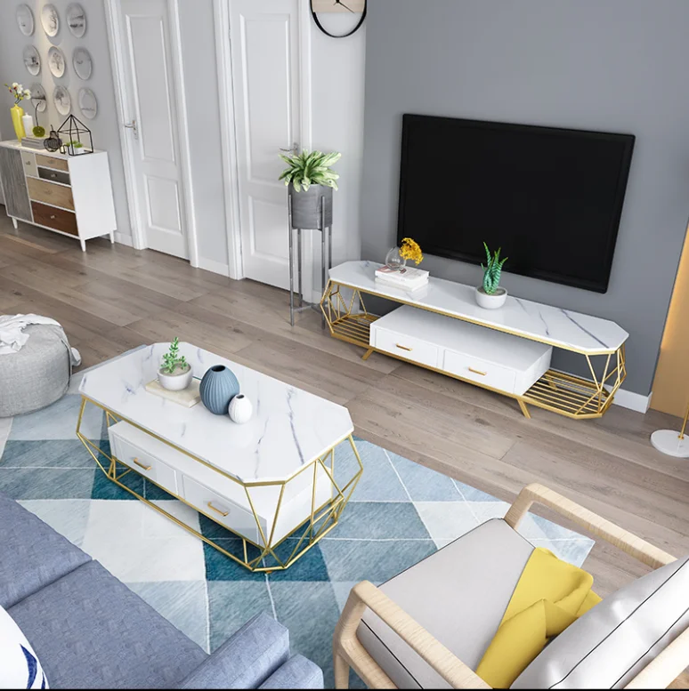 Simple modern living room coffee table TV cabinet combination small apartment square tempered glass marble coffee table