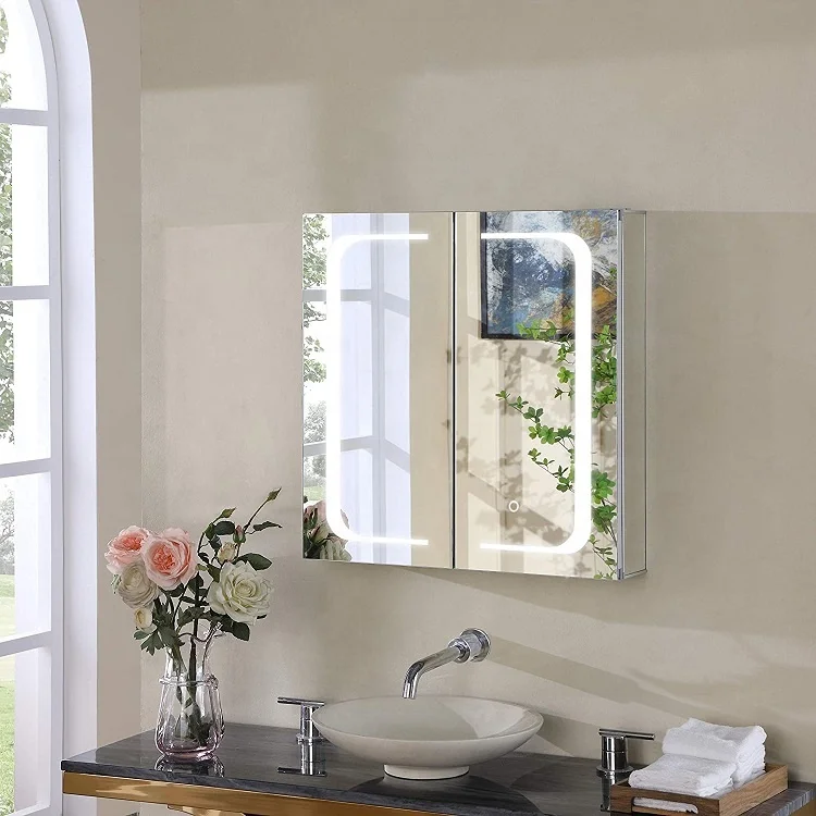 Large Rectangle Frameless Smart Shaver Socket Anti Fog  LED Light Bathroom Mirror Cabinet