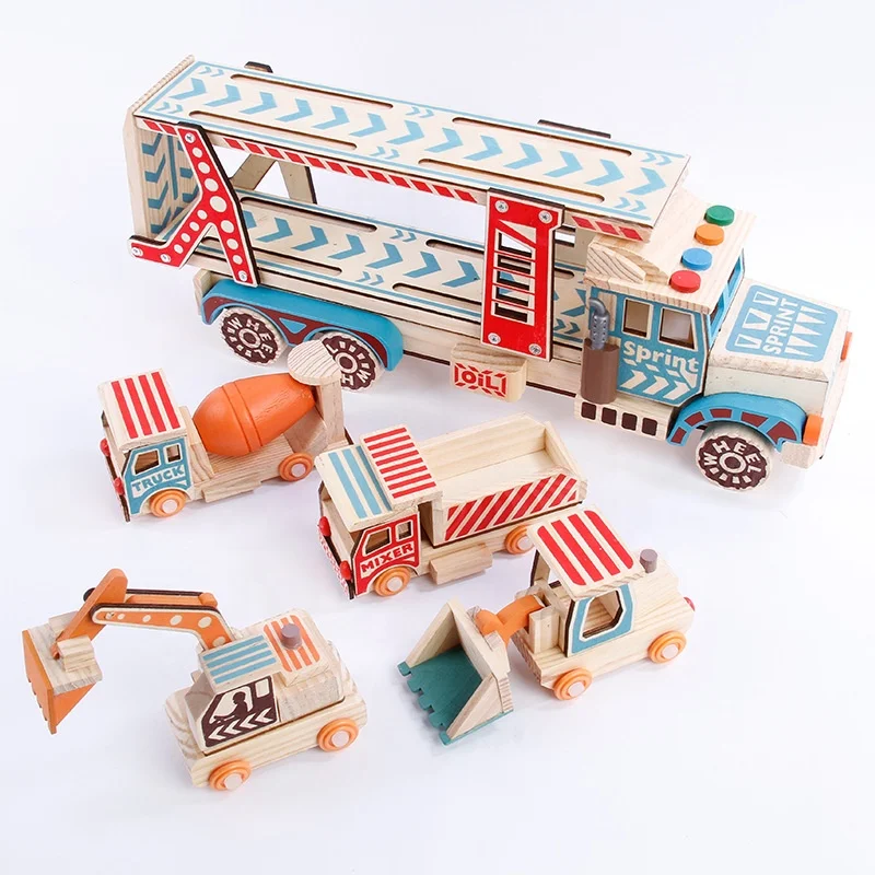 Cheap Wooden Car Transporter, Classic World Double Decker Trailer with engineering truck,Wooden car Toy Truck Carrier for Kids