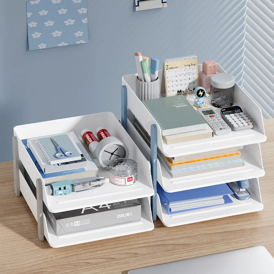 Multi layered stackable desktop with A4 paper file storage rack, book storage rack