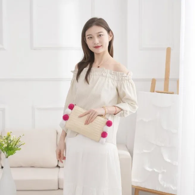 Pompom straw beach bag  straw clutch handmade straw shoulder bag designer handbags famous brands