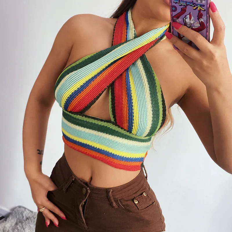 fashion ladies summer outfit crochet tops for women colorful rainbow summer top  women backless crochet top wholesale