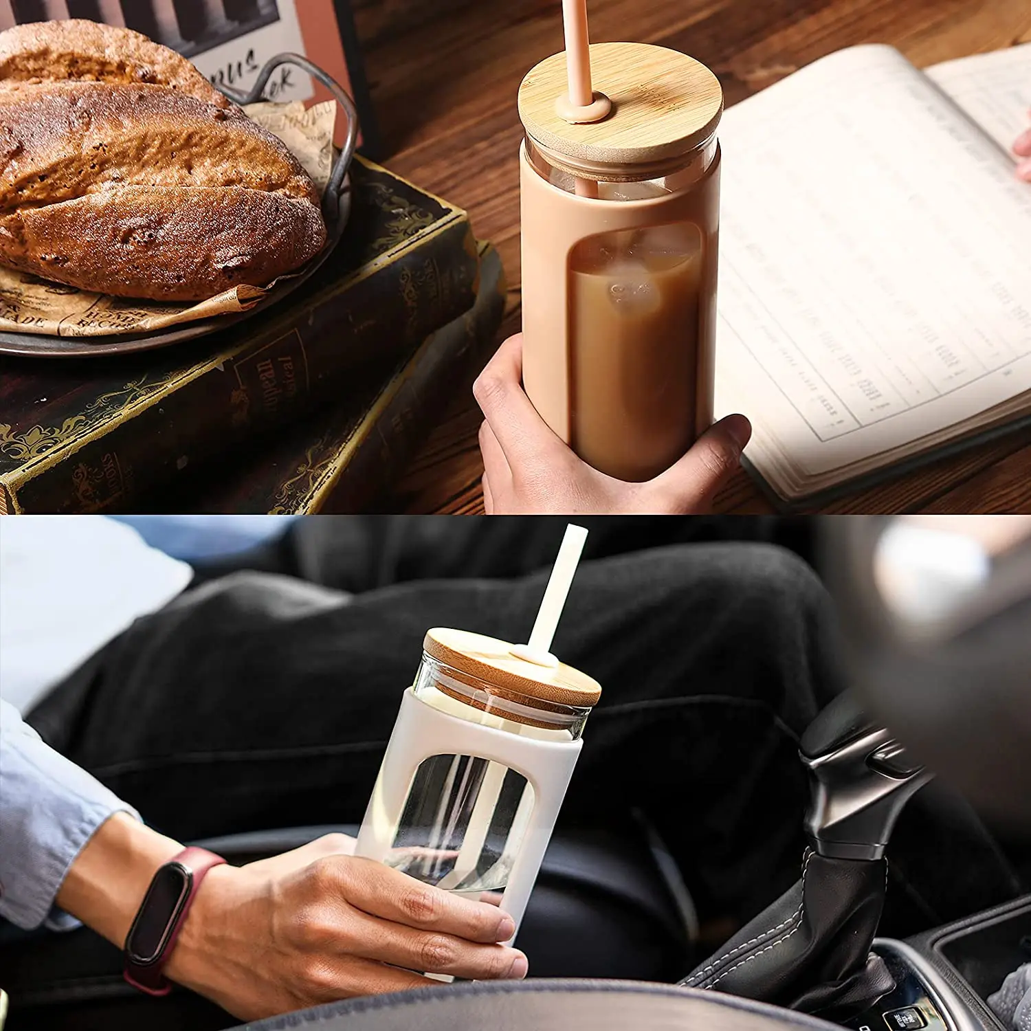 With Bamboo Lid Reusable Wide Mouth Smoothie Cup Straw Silicone Protective Sleeve Iced Coffee Cup Glass