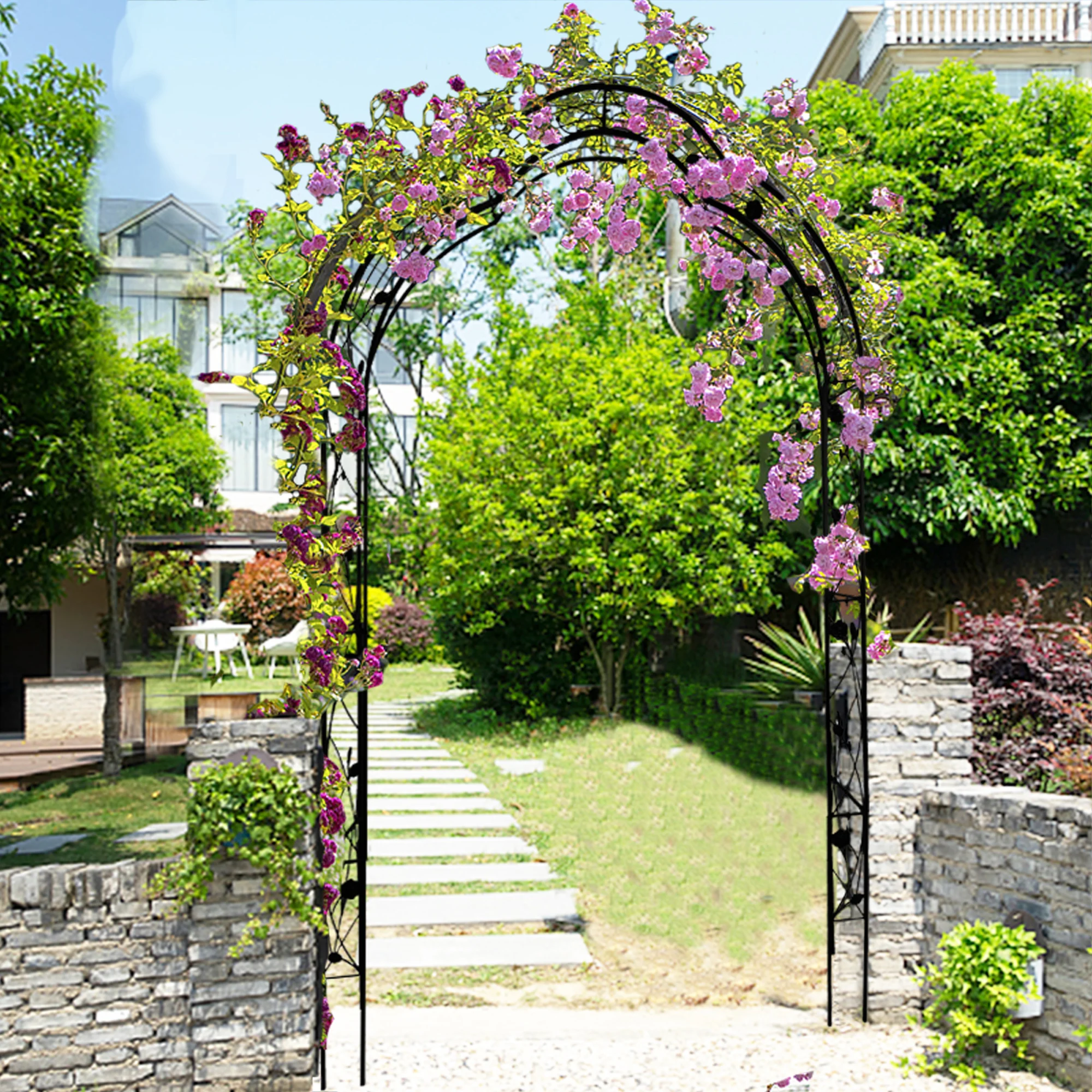 Black Metal Garden Arch for Climbing Plants Support Powder Coated Rose Arch with Easy Assembly for Backyard Application