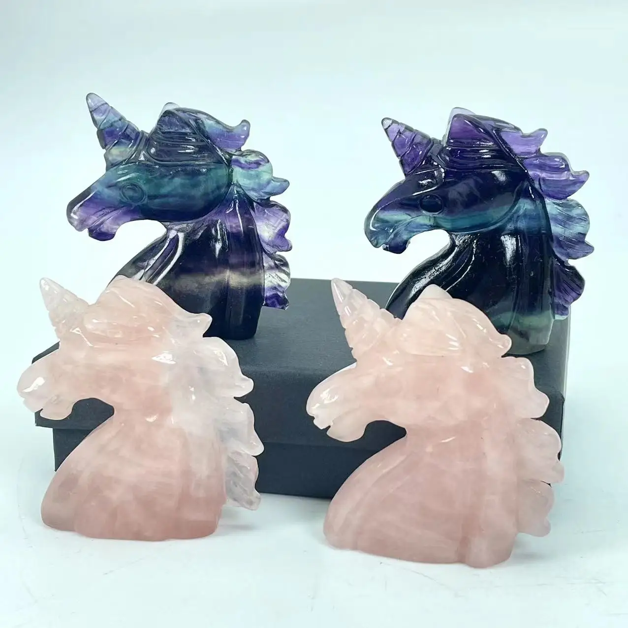 wholesale price spiritual natural rock 6cm rainbow fluorite rose quartz crystal unicorn healing stone carving crystal gemstone
