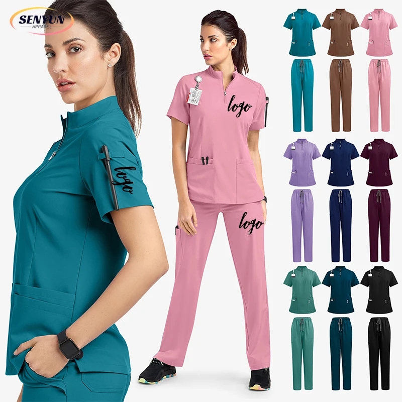 High Quality Private Tag Straight Leg Strethable Waist Functional Women Scrubs Pure Color Logo Custom 2pc Nursing Uniforms