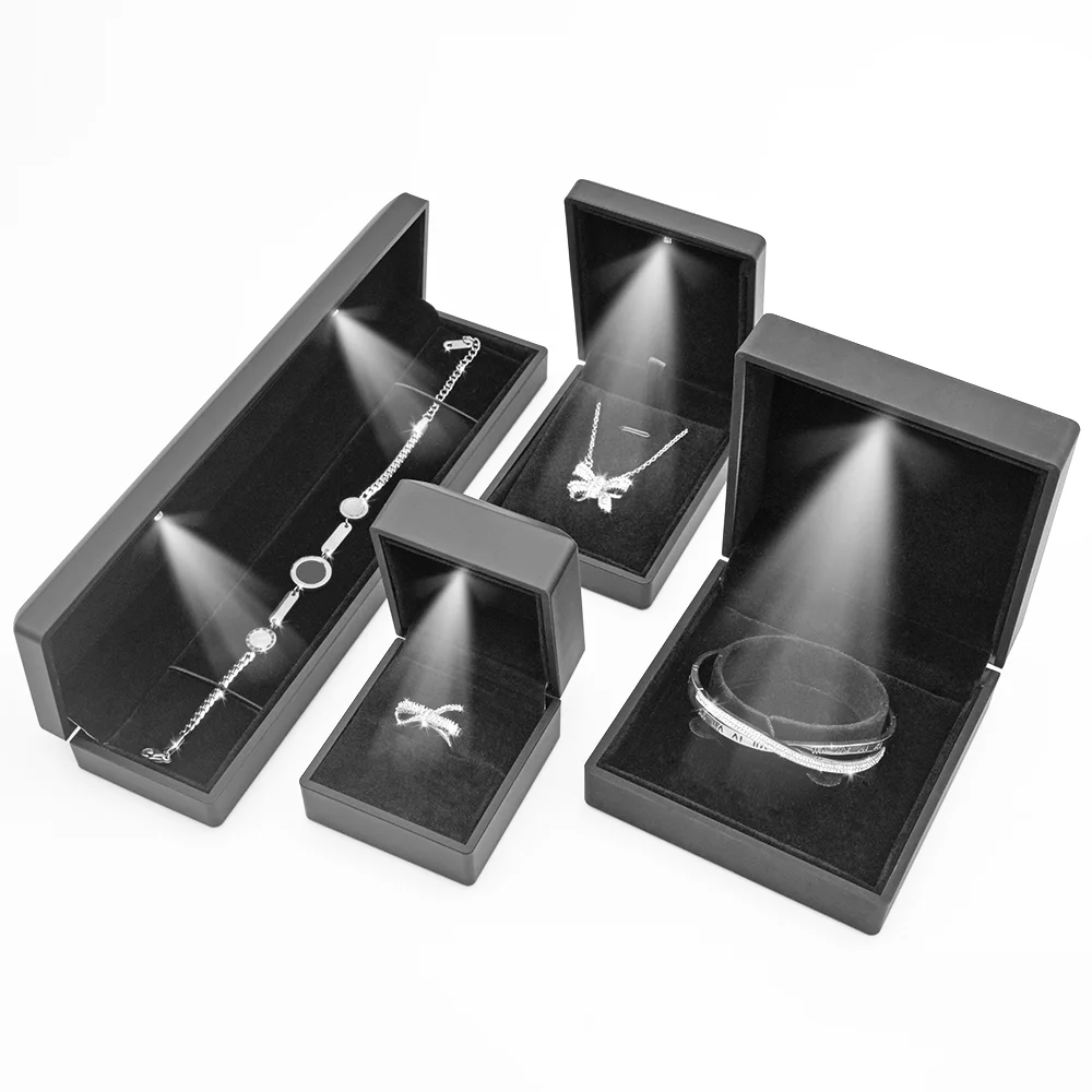 Custom Logo Top Quality Black lighting Boxes Ring Necklace Bracelet Gift Packaging Plastic Jewelry Box with LED