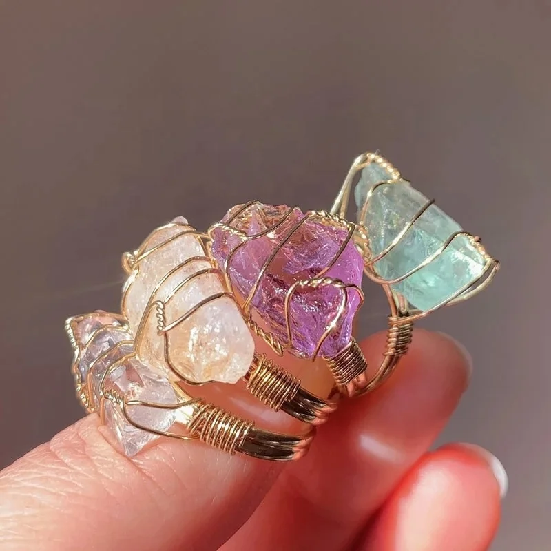 Fashion Wire Wrap Natural Rock Mineral Quartz Stone Women Rings Resizable Healing Amethysts Fluorite Purple Crystal Finger Ring