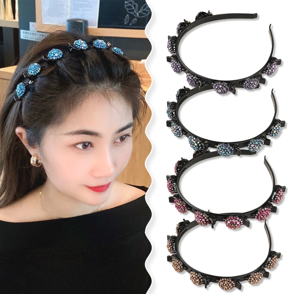 Crystal Hair Band Women Hairpin Double Layer Twist Plait Headband with Clips Hollow Woven Headband Hair Accessories
