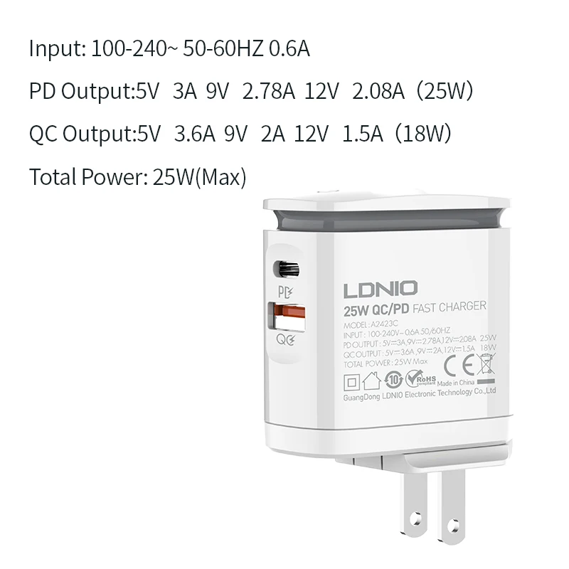 LDNIO New Type A2423C Hot Sale Wholesale Charger PD25W QC3.0 UK/US/AU  LED Lamp & Fast Charger