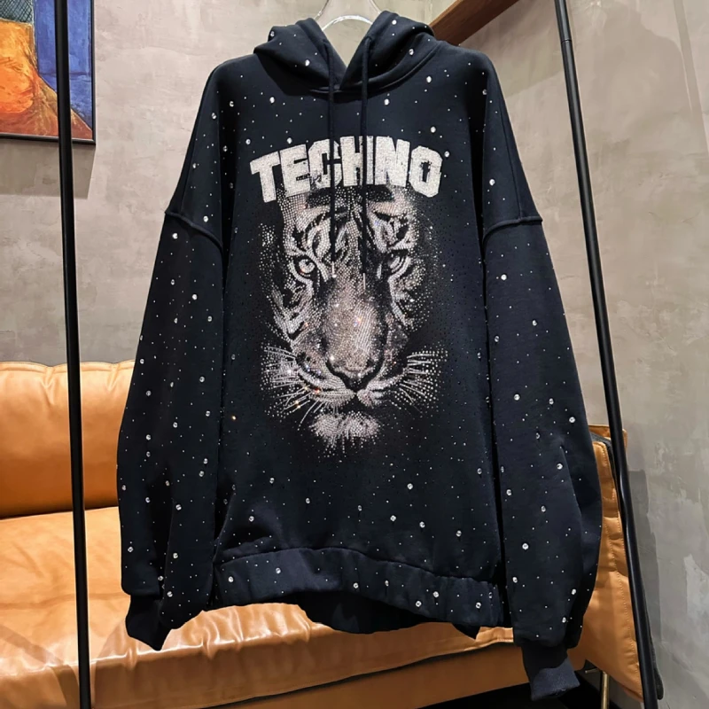 Tiger Head Oversize Sweatshirts Men and Women Cool Street Diamond Drilling Hoodies Female Long Sleeve Casual Sweatshirts