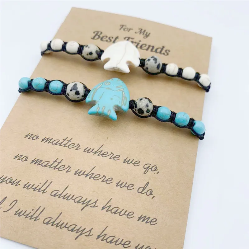 Summer Beach Braided Marine Animal Bracelet Natural Turquoise Sea Turtle Dolphin Tropical Fish Friendship Bracelet Jewelry