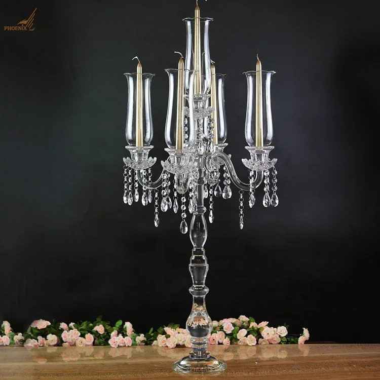 Wedding Table Decoration 5 arms Crystal Glass Candle holder Candlestick Glass Cylinder Tube Rod Crystal Candelabra