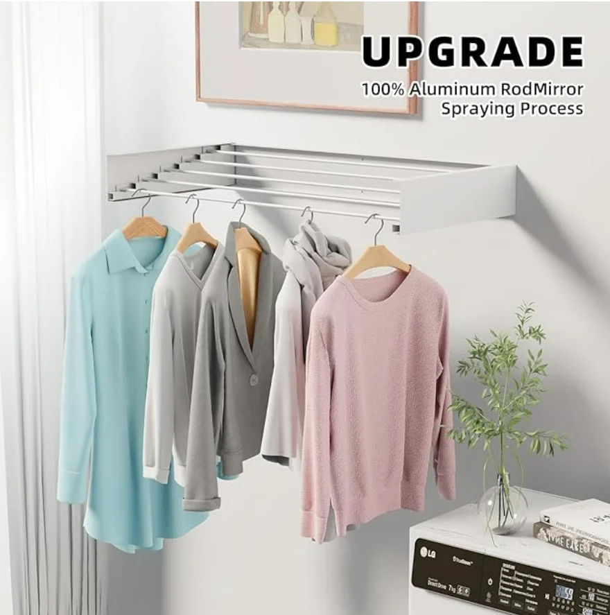Hidden Wall-Mounted Foldable Cloth Drying Rack Double Tiers for Drying Clothes in Kitchen or Bathroom