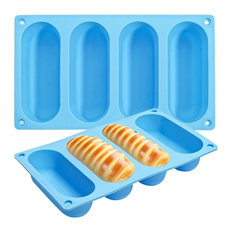 Non-Stick 4 Cavity Silicone Hot Dog Bun Pan Food Grade Silicone Baguette Baking Tray for Sandwich Hot Dog Bun Rolls