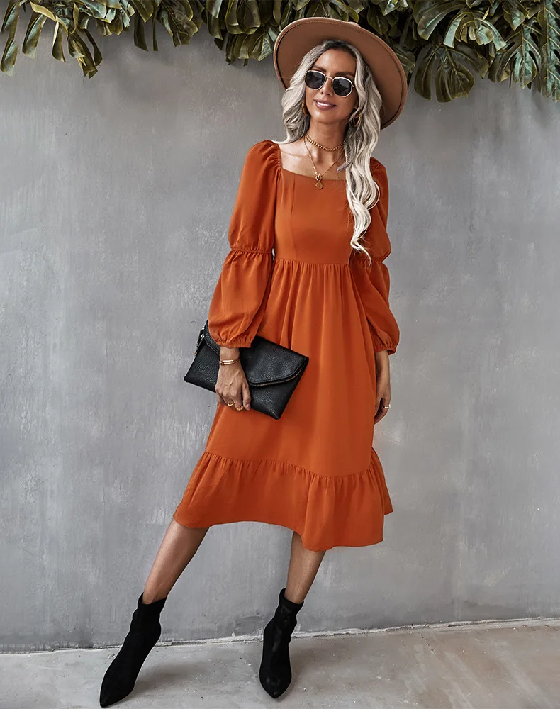 High Quality French Design Vintage Square Collar Long Fall Dress Sundress Women Elegant Dinner Long Sleeve Midi Dresses Evening