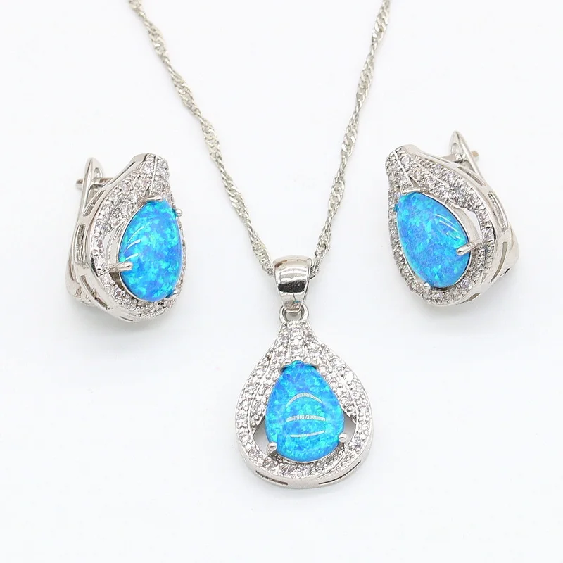 Silver 925 Jewelry Set for women accessories jewelry blue opal earrings necklace Pendant Christmas Gift