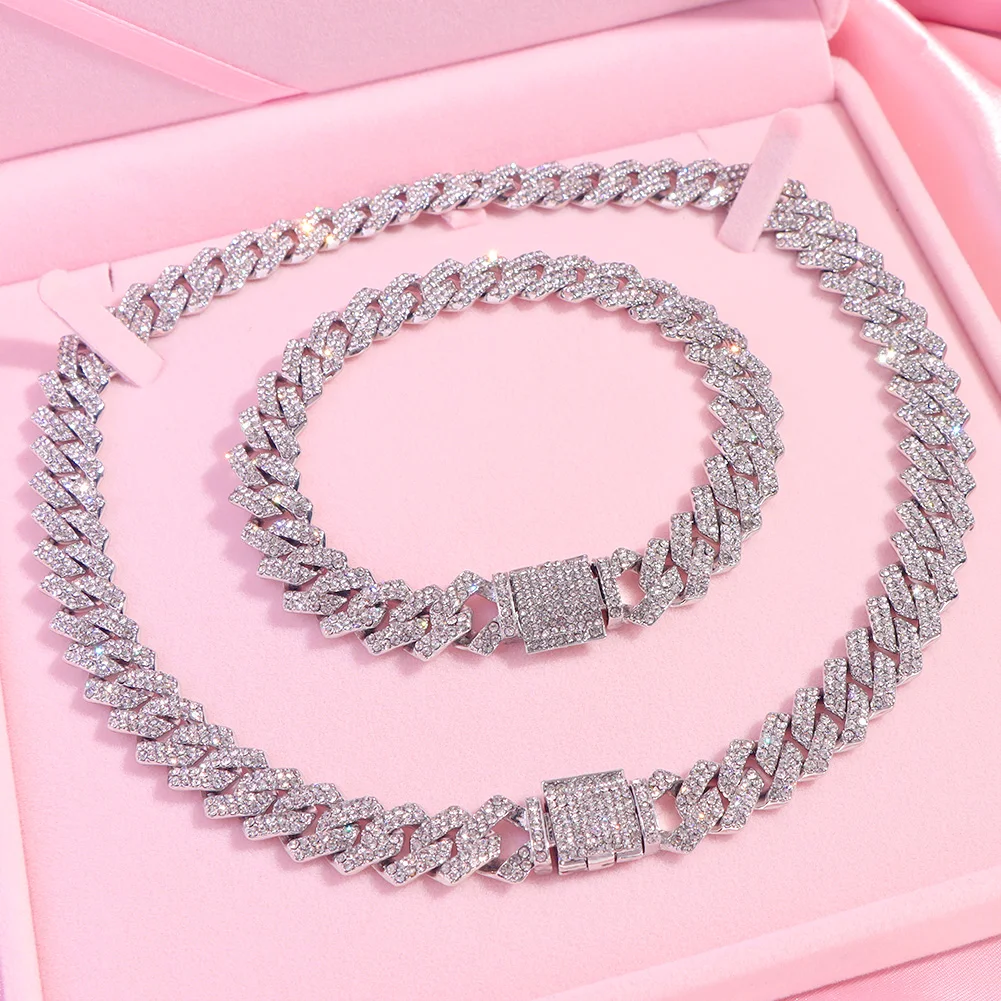 Luxury Icy Full Diamond Lady Jewelry Set Trendy Micro Pave CZ Iced Out 14mm Prong Cuban Link Chain Necklace Set For Women