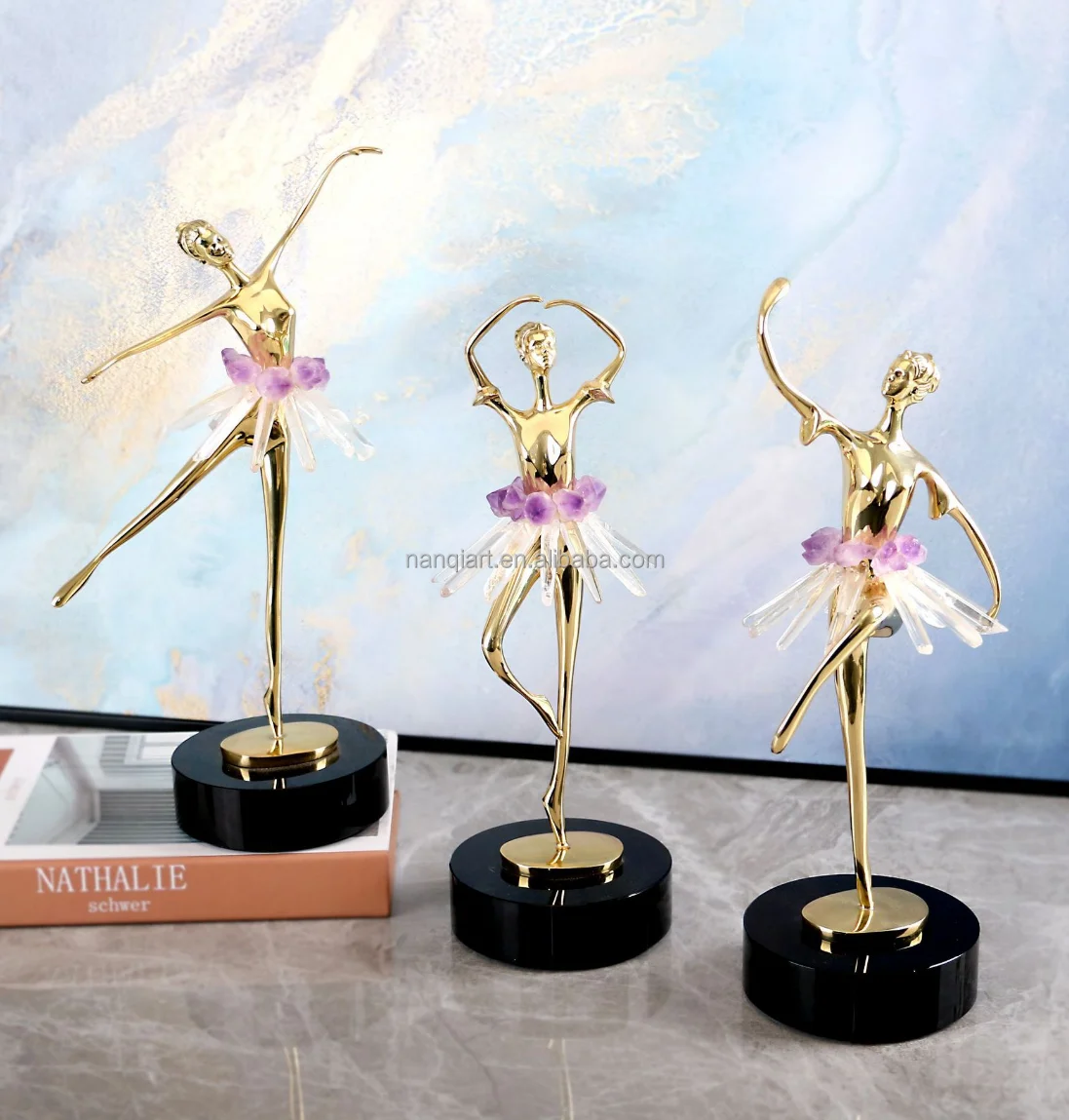 Artificial Realistic Mini Gold Metal Handicrafts Party Gift Creative Beautiful Dance Figure Models Ballet Girl Statues With Base