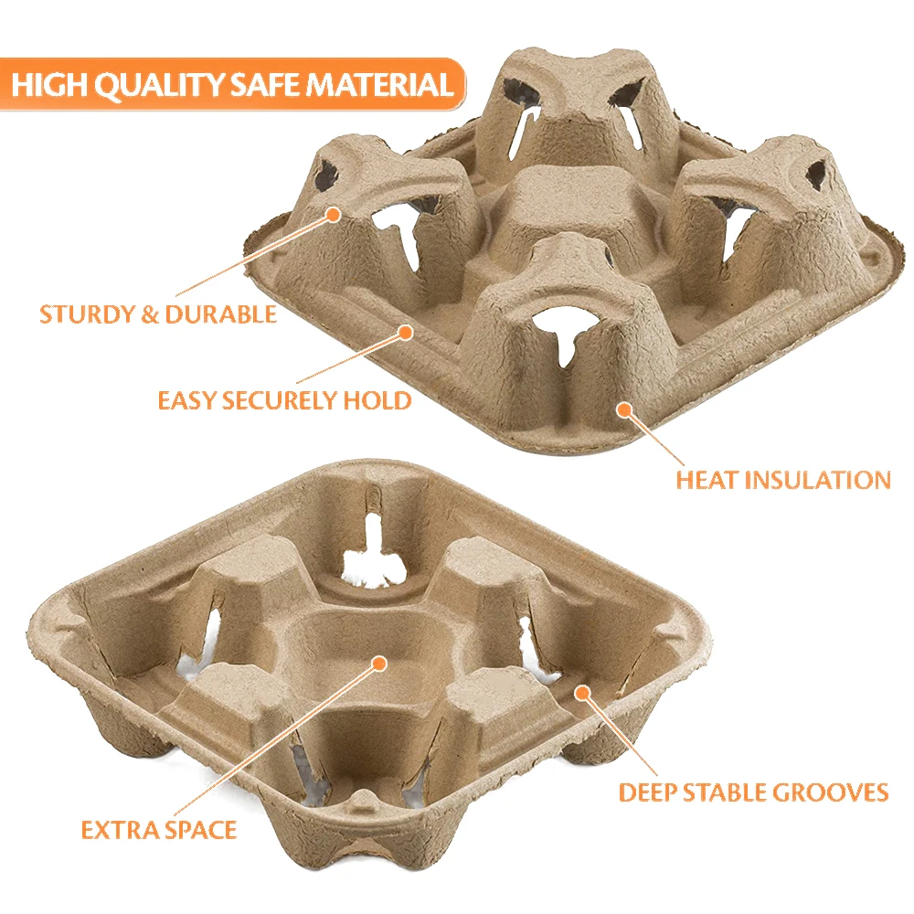 Takeaway 2 4 Cup Carrier Disposable Clip-On Utility Coffee Drink Cup Paper Pulp Fiber Holder Tray  For 8-32 oz