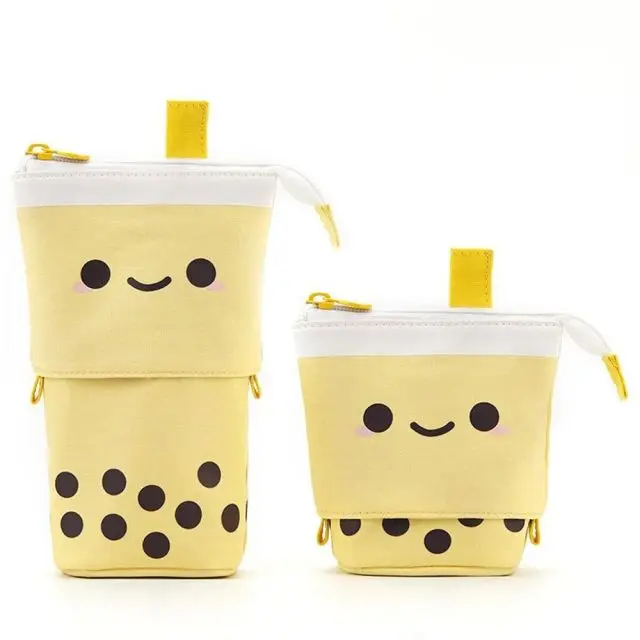 1 Set Cute Boba Milk Tea Telescopic Pen Bag Pen Pencil Holder Stationery Case Stand Up Pencil Case Pen Box Stationery Pouch Bag