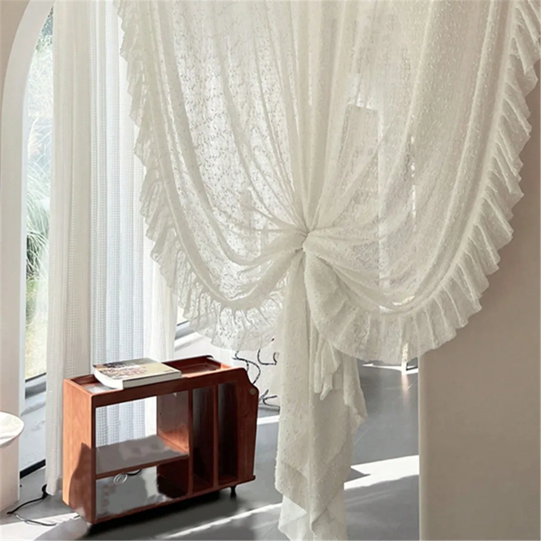 2024 New French Style Creamy Flounce Lace White Luxury Sheer Curtain for Bedroom Living Room All-season