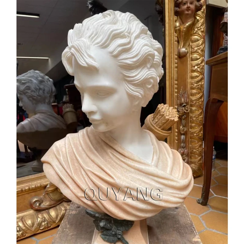 QUYANG Life Size Antique Home Decoration White Marble Young Girl Head Sculpture Lady Carving Stone Bust Statue