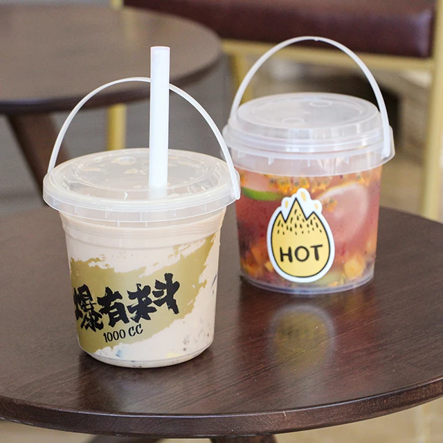 Clear Plastic Bucket Ice Cream Yogurt Milk Tea Storage Empty 1L Container With Handle Seal Lid