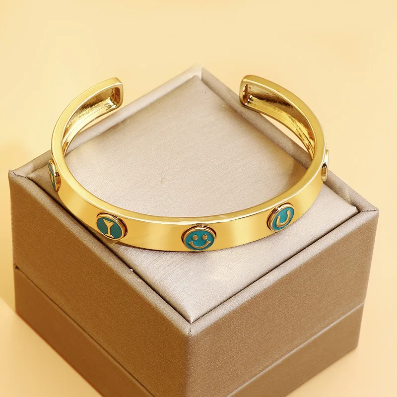 Rainbow Gold Plated Friendship Bracelet Colorful Emojis Bangle Enamel Smile Face Cuff Bangle Bracelet For Women