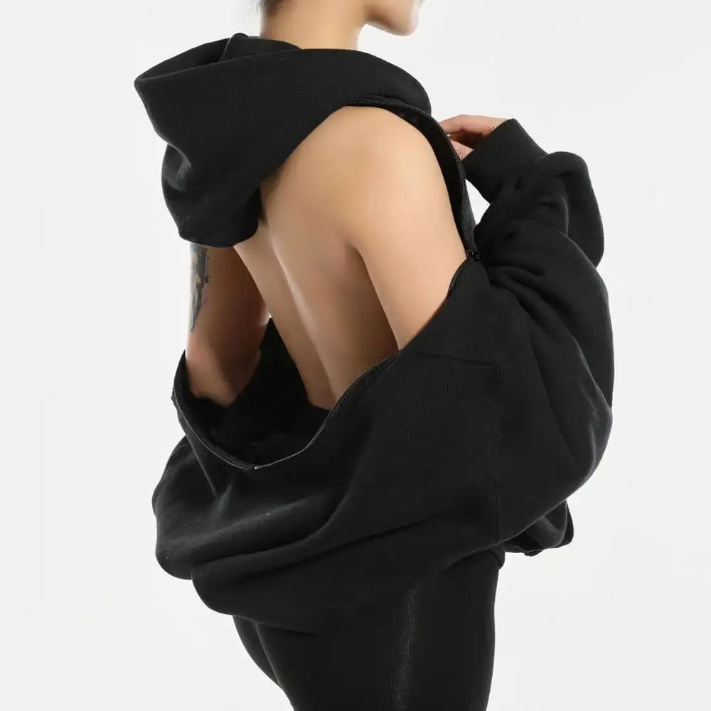 Модный женский пуловер с пышными рукавами, полумолнией, дизайнерские женские толстовки с открытыми плечами, Свитшот