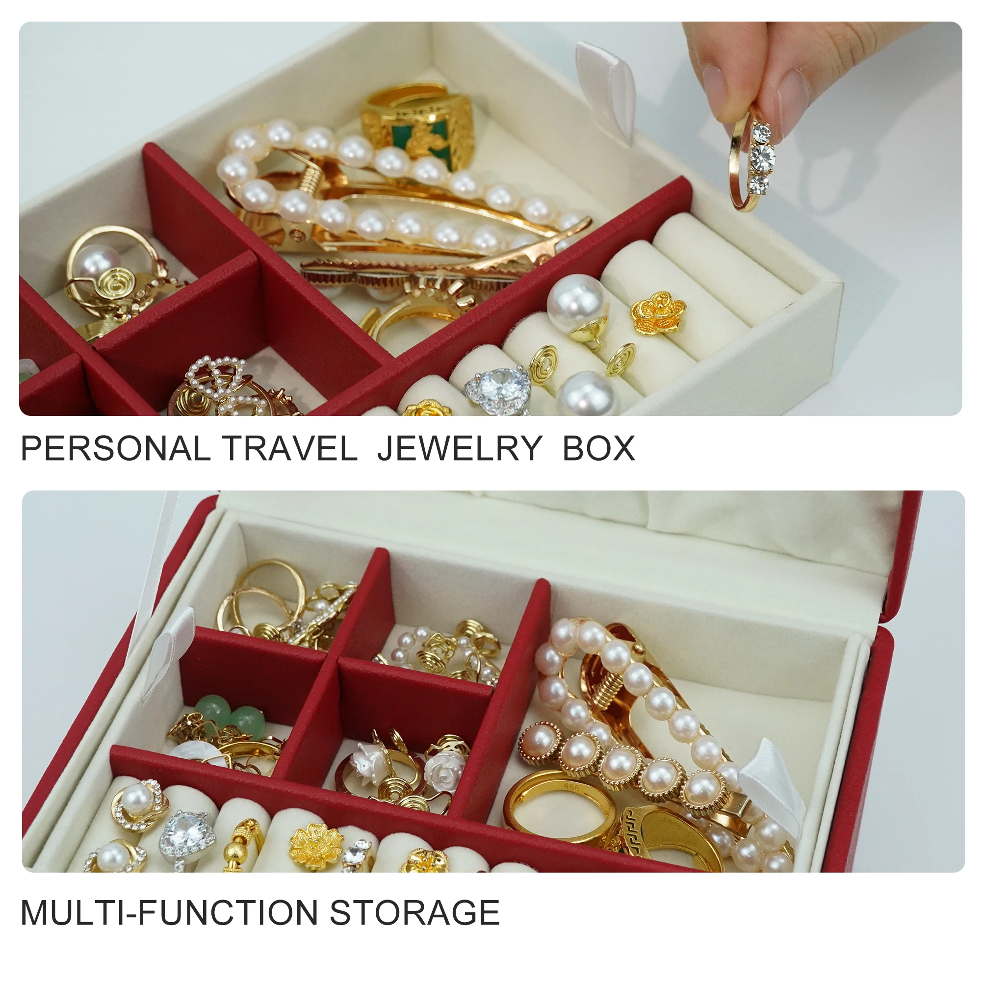 Factory directly sale red colors travel jewelry organisation box in stock PU leather jewelry organizer box storage plastic