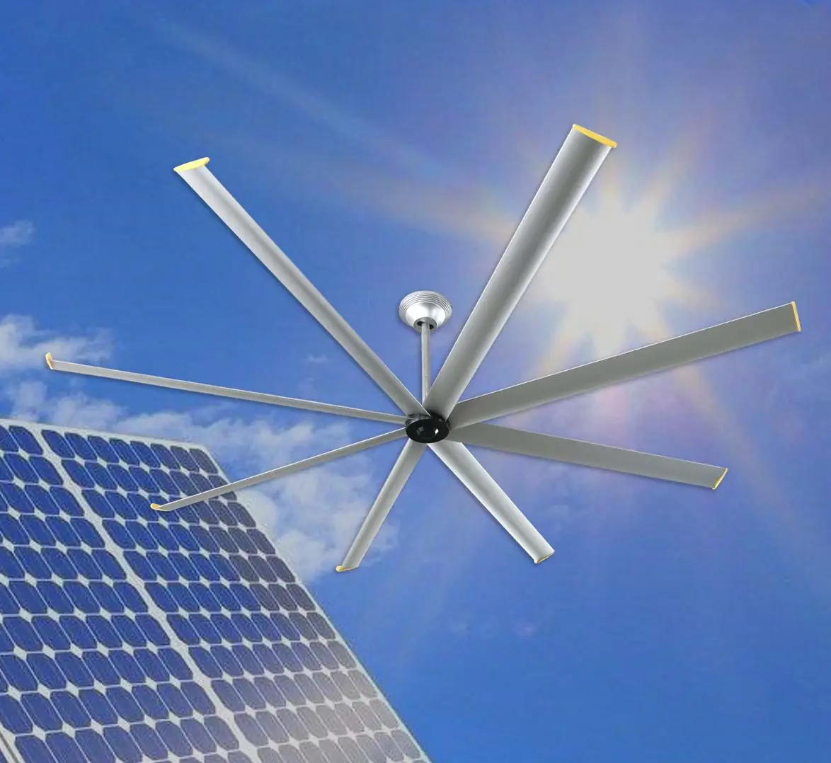 10ft Aluminum Fan Blades Solar Big Ceiling Fan with Remote Control Gearless PMSM 36V DC Motor Drive HVLS Industrial Ceiling Fan