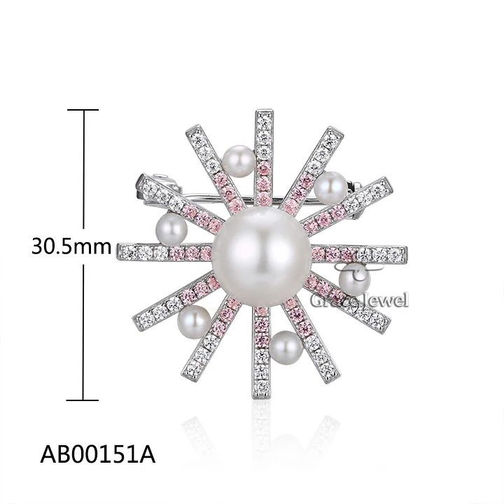 Grace Jewelry Luxurious Gemstone Pink White Zircon 925 Sterling Silver Fine Jewelry Freshwater Pearl Brooches for Women