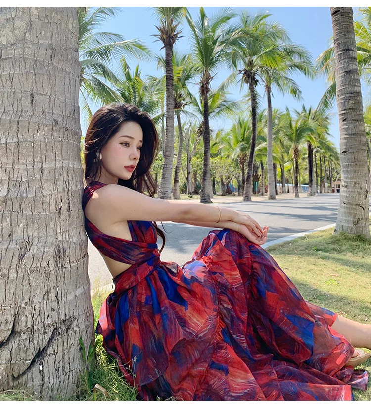 Popular Print Floral Sleeveless Stylish Beach Dresses Women Summer Sexy Ruffles Party Wear Dress Thailand