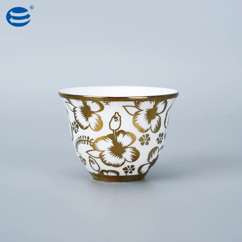Luxury Gift Small Coffee Tea Cups 12PCs White Arabic Ceramic Espress Coffee Cawa Cups With Gold Rim Tea Cup Sets