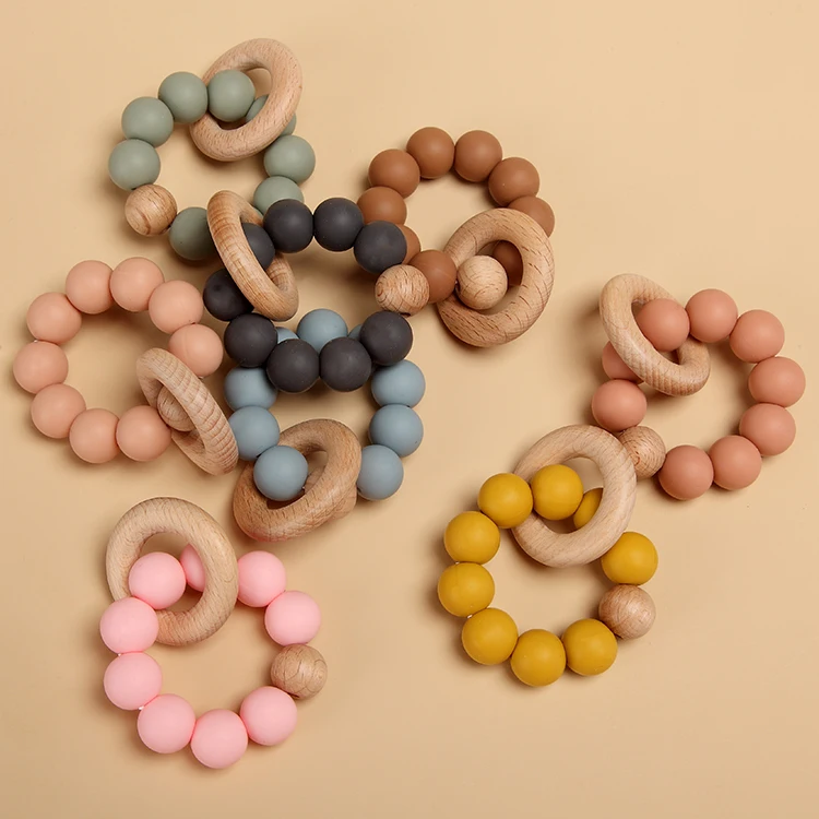 Non-Toxic 15mm Silicone Beads Food Grade Silicone Baby Teether With Wooden One Ring