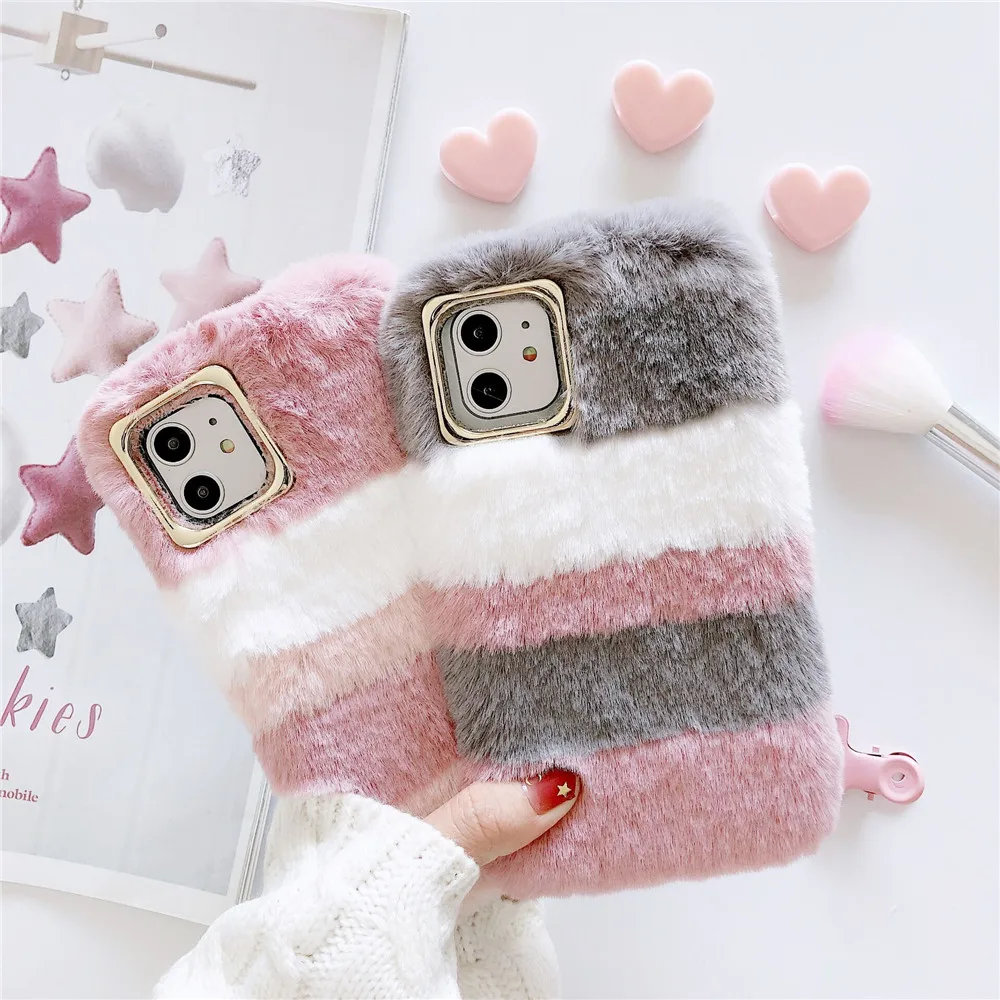 Fashion Luxury Fur Phone Case For iPhone 11 13 Pro,Colorful Plush Mobile Cover for iPhone 11 Pro Max 12