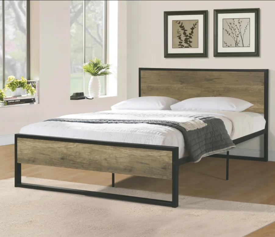 JZD wrought iron wood bed home furniture for sale metal bed frame King size double bed