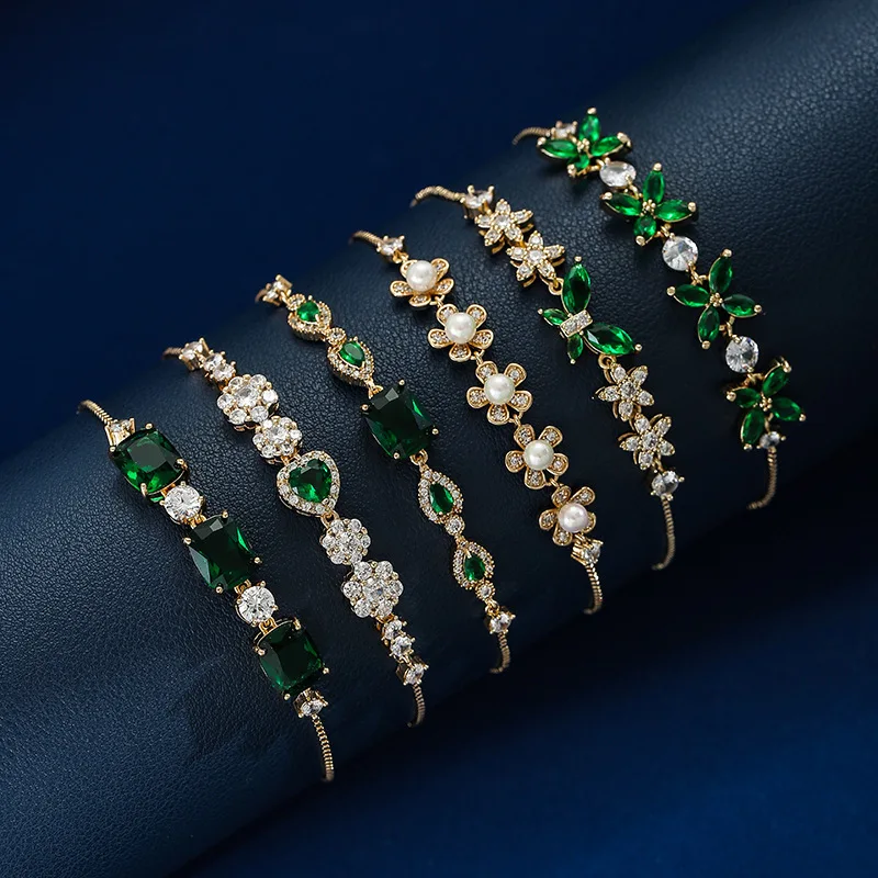 Luxury 18K Real Gold Plated Charm Emerald Stone Emerald Zircon Flower Bracelet Big Cut Cz Diamond Bracelet